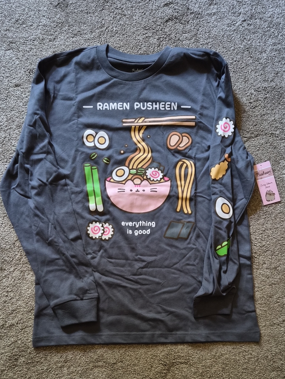 NWT Pusheen Charcoal Gray Long Sleeve Ramen Graphic Tee with Pink Bowl